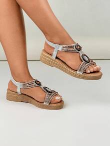 Nuevas sandalias de cuña bohemias y romanas, zapatos de plataforma retro para mujer, para primavera/verano - Plateado - Ver 3