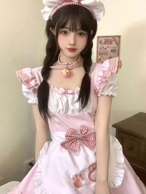 1pc Cute Anime Maid Dress, Sexy Soft Girl Lolita Cosplay Costume (Without Choker), Suitable For Role-Playing Or Photoshoot Halloween Costume