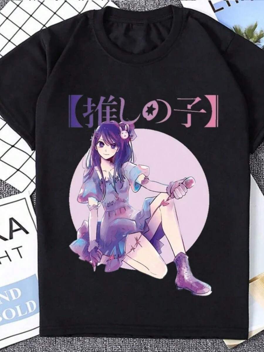 Women T Shirt Oshi No Ko Japan Anime Style Cute Ai Ruby And Aqua T-Shirt Aesthetic Graphic Tee Kawa Female Casual Clothes Y2k - 黑色3 - 查看 1