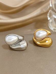 1 件简约优雅镀不锈钢珍珠可调节女士戒指，不对称泪珠首饰，妈妈礼物，圣诞节感恩节万圣节，周年纪念情人节礼物，送给女朋友妻子的日常派对礼物 - 彩色 - 查看 3