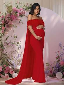 JustVH Maternity Floral Open Shoulder Dress, Suitable For Baby Shower, Mesh Cape-Style Long Dress, Can Be Used As Photography Prop Spring Fall - Burgundy - View 5