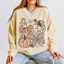 Women's Floral Pumpkin Print Round Neck Long-Sleeved Casual Sweatshirt, Autumn Girls Sweatshirt, Floral Bow Sweatshirt