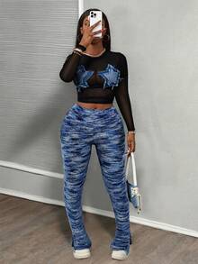 2025秋冬新款休闲街头风性感Y2K星形贴片黑色网纱修身上衣搭配蓝色渐变毛绒条纹紧身喇叭裤女两件套度假装 - 彩色 - 查看 3