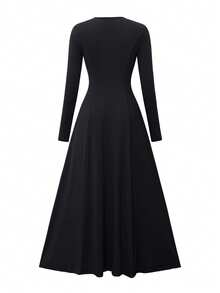 Abito midi a-line elegante da pendolare con collo rotondo e colore unito, autunnale - nero - Visualizzare 8