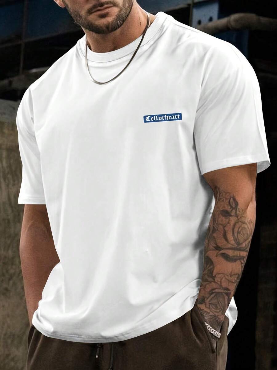 T-shirt homme à manches courtes et col rond, motif géométrique bleu simple avec inscription Ellorheart. Un haut décontracté, T-confortable shirt de remise de diplômes 2026, vêtements de rentrée scolaire et léger. - Blanc - Voir 1