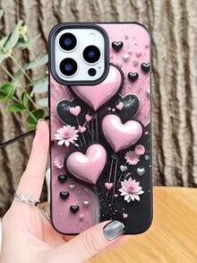 Schutzhülle mit rosa Herz  und Blumendesign für romantisches, ästhetisches Liebesmuster, robuste, stoßfeste Abdeckung, kratzfest, Fallschutz, Telefonzubehör, kompatibel mit iPhone 16promax/16pro/16plus/16/15promax/15pro/15plus/15/14promax/14pro/14plus/14/13promax/13pro/13/12promax/12pro/12/11promax/11pro/11/X/XSmax