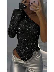2025 Spring Summer Wish Hot Girl Sexy One-Shoulder Tight Rhinestone Sequin Top - màu đen - Xem 1