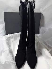 尖头粗跟麂皮侧拉链V型开口修身修身华丽百搭女士高筒靴，中筒靴，秋季、冬季、派对必备 - 黑色 - 查看 3