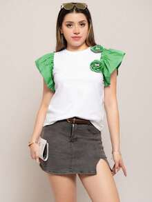 Blusa ligera para mujer de moda con olanes y flores 3D en bicolor de estilo casual para uso diario - Verde - Ver 3
