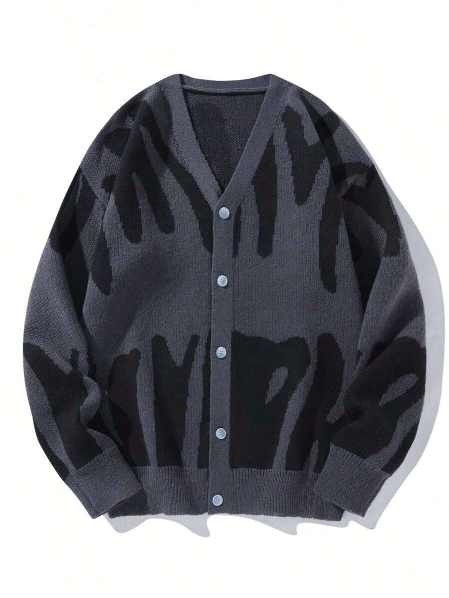 Manfinity Hypemode Men's Color-Block Button-Up Long Sleeve Cardigan Sweater - Dark Grey - View 1