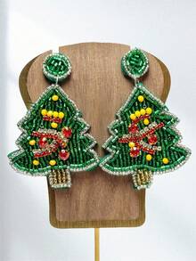 1 Pair Of Vintage Handmade Beaded And Rhinestone Christmas Tree Earrings For Women, Perfect For The Holidays