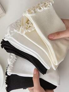 1 Pair/3 Pairs/6 Pairs Japanese Style Ruffle Socks, Cute Women Socks, Fresh Lace Trim Socks, Ruffle Decor Short Socks, White Ruffle Trim Casual Mid-Calf Socks - Multicolor - View 9