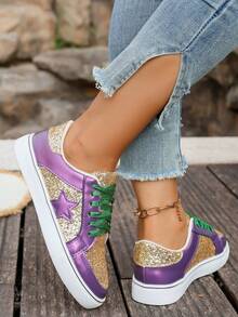 Women's Gold Sequin Patchwork Leather Round Toe Lace-Up Thick Sole Low-Top Multifunctional Fashion Casual Sneakers, Rubber Sole Waterproof Non-Slip Wear-Resistant Lightweight Flat Shoes, Spring/Autumn New Versatile Daily Casual Shoes - Purple Gold - View 5