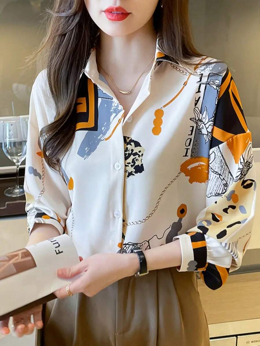 畅销款女士印花单扣休闲宽松长袖衬衫，秋季办公衬衫，春季白色 - 白色 - 查看 1