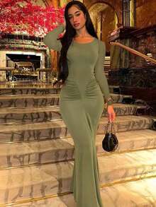 Fashionable Pleated Crew Neck Long Sleeve Bodycon Dress - Green - View 3