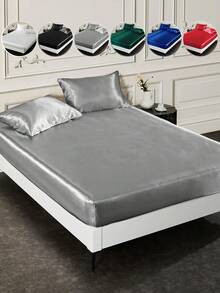 2/3pcs Luxury Satin Fitted Sheet Set, 1pc Mattress Cover With 1/2pcs Pillowcase, Bedding, Silky Touch Mattress Protector (No Filler), Skin-Friendly And Comfortable Fitted Sheet For Bedroom, Solid Color Satin Fitted Sheet Set, Cooling Breathable Bedding, Soft And Silky Minimalism Style Bedding Sheet, For Queen King Twin Full Size, Machine Washable, Perfect Holiday Gift, Silver, Autumn Decor, Room Decor, Back To School, School Supplies