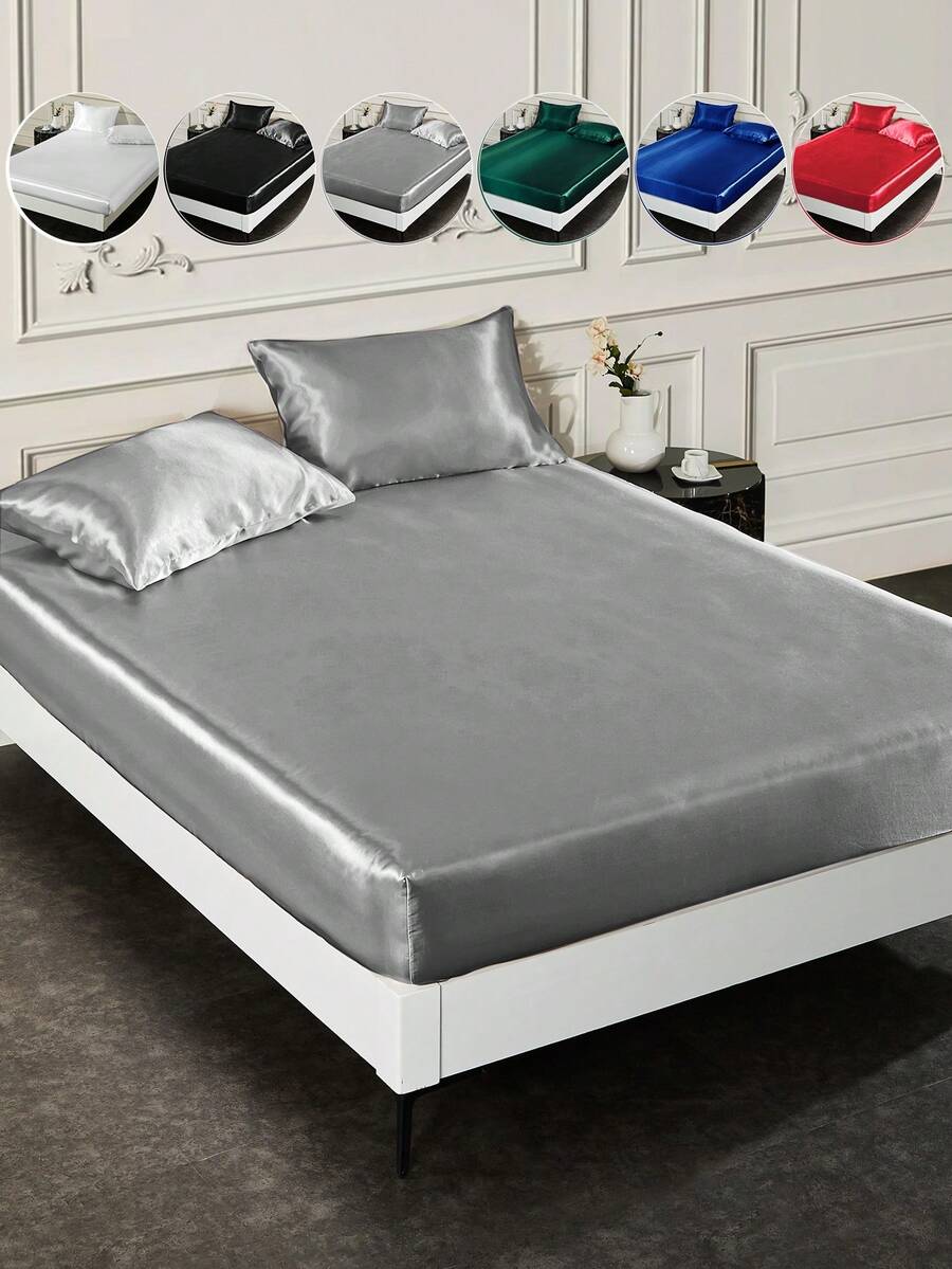 2/3pcs Luxury Satin Fitted Sheet Set, 1pc Mattress Cover With 1/2pcs Pillowcase, Bedding, Silky Touch Mattress Protector (No Filler), Skin-Friendly And Comfortable Fitted Sheet For Bedroom, Solid Color Satin Fitted Sheet Set, Cooling Breathable Bedding, Soft And Silky Minimalism Style Bedding Sheet, For Queen King Twin Full Size, Machine Washable, Perfect Holiday Gift, Silver, Autumn Decor, Room Decor, Back To School, School Supplies