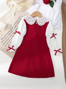 BASUSARRI 女童蕾丝彼得潘领长袖蝴蝶结纽扣直筒连衣裙，圣诞红灯芯绒舒适时尚可爱连衣裙，适合外出 - 紅色 - 查看 3