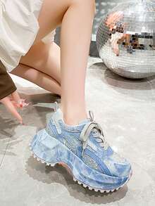 2026春秋新款星空水钻厚底运动鞋，时尚增高休闲跑步鞋，女士款 - 藍色 - 查看 6