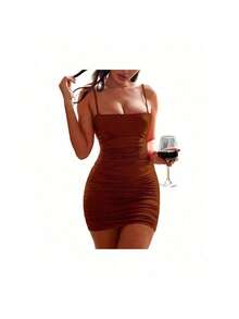 Pleated Strappy Dress, Party Look, Gringa Style, Nightclub - 鏽棕色 - 查看 2