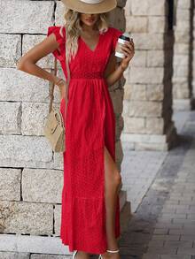 Long Beach Dress With Wrap Hem And Ruffle, Vacation Outfit For Women - Red - View 5