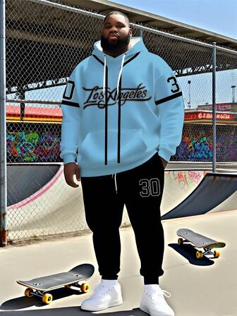 Men Plus Size ZhuYa Best Selling "Los Angeles Unique Letter" Contrast Color Matching Hoodie Sweatsuit , Spring & Autumn Sports 2 Pieces Set , Ins Style , Relaxed Fit Hoodie And Jogger Pants, Street Hip-Hop Versatile,Fall Clothes