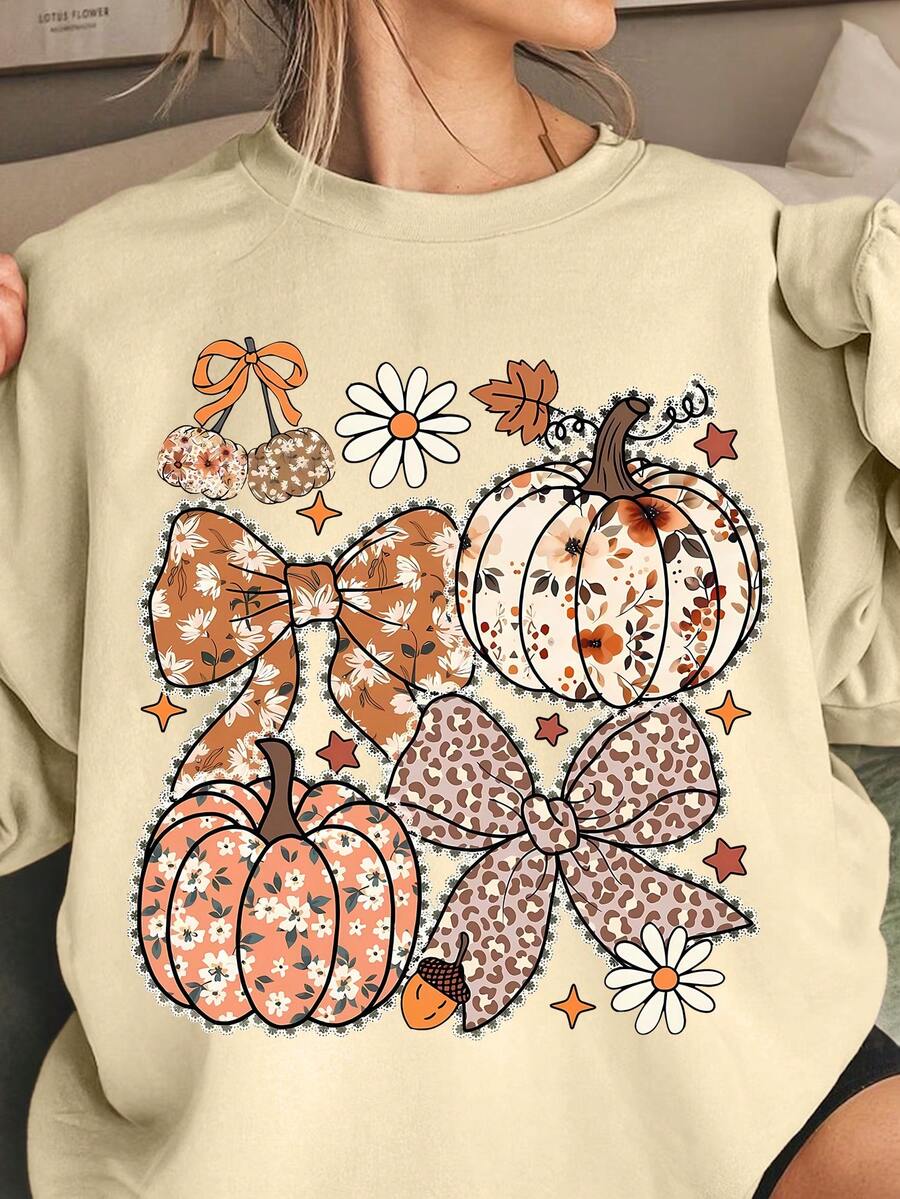 Women's Floral Pumpkin Print Round Neck Long-Sleeved Casual Sweatshirt, Autumn Girls Sweatshirt, Floral Bow Sweatshirt