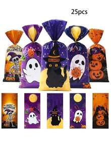 50pcs Halloween Candy Bags With Black Cat, Ghost, Skull And Pumpkin Patterns, Party Favor Bags With Gold Twist Ties, Halloween Treats, Happy Halloween Gift Bags, Halloween Party Supplies, Halloween Home Decor - Multicolor - View 13