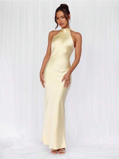 High Neck Halter Tie Waist Fitted Formal Dress, Suitable For Weddings, Galas, Balls, Bridesmaid Dresses, Holiday Parties Party Spring