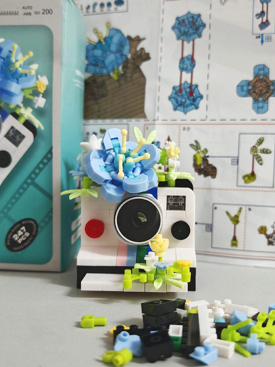 6pcs (0-5 Inches) Camera Simulation Building Block Toy Models, Made Of ABS Plastic, Cute Camera Shaped Blocks With Camera & Flower Patterns, Simple Assembly, Great DIY Gift And Home Decor Accessory