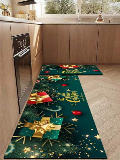 Tapis de cuisine en gel de silice sur le thème de Noël. D'un vert profond, il imite un fond de branches de pin, parsemé d'étoiles dorées, créant une ambiance festive et onirique. Le motif comprend également plusieurs boîtes cadeaux de Noël décorées de nœuds dorés, dans des tons rouge, vert et or. Des boules de Noël rouges et des rubans dorés sont également présents. Le tapis est également orné du texte doré << Joyeux Noël », qui transmet de chaleureuses bénédictions de Noël. Luxueux et mode, ce tapis de cuisine amortit et soulage la fatigue grâce à sa surface en tissu.