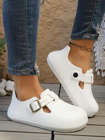 女士纯色百搭四季一脚蹬凉鞋，透气柔软鞋底，可调节绑带，适合海滩、浴室、休闲装、旅行、日常街头风格，舒适平底厚底拖鞋，适合夏季和所有季节