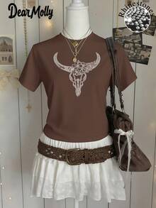 JOYY Rhinestone Shiny Long Horn Cow T-Shirt, Cow Skull Bohemian Style Unique Rhinestone Decor Women Loose Crew Neck Short Sleeve T-Shirt, Suitable For Outdoor Gatherings, Parties, All Seasons