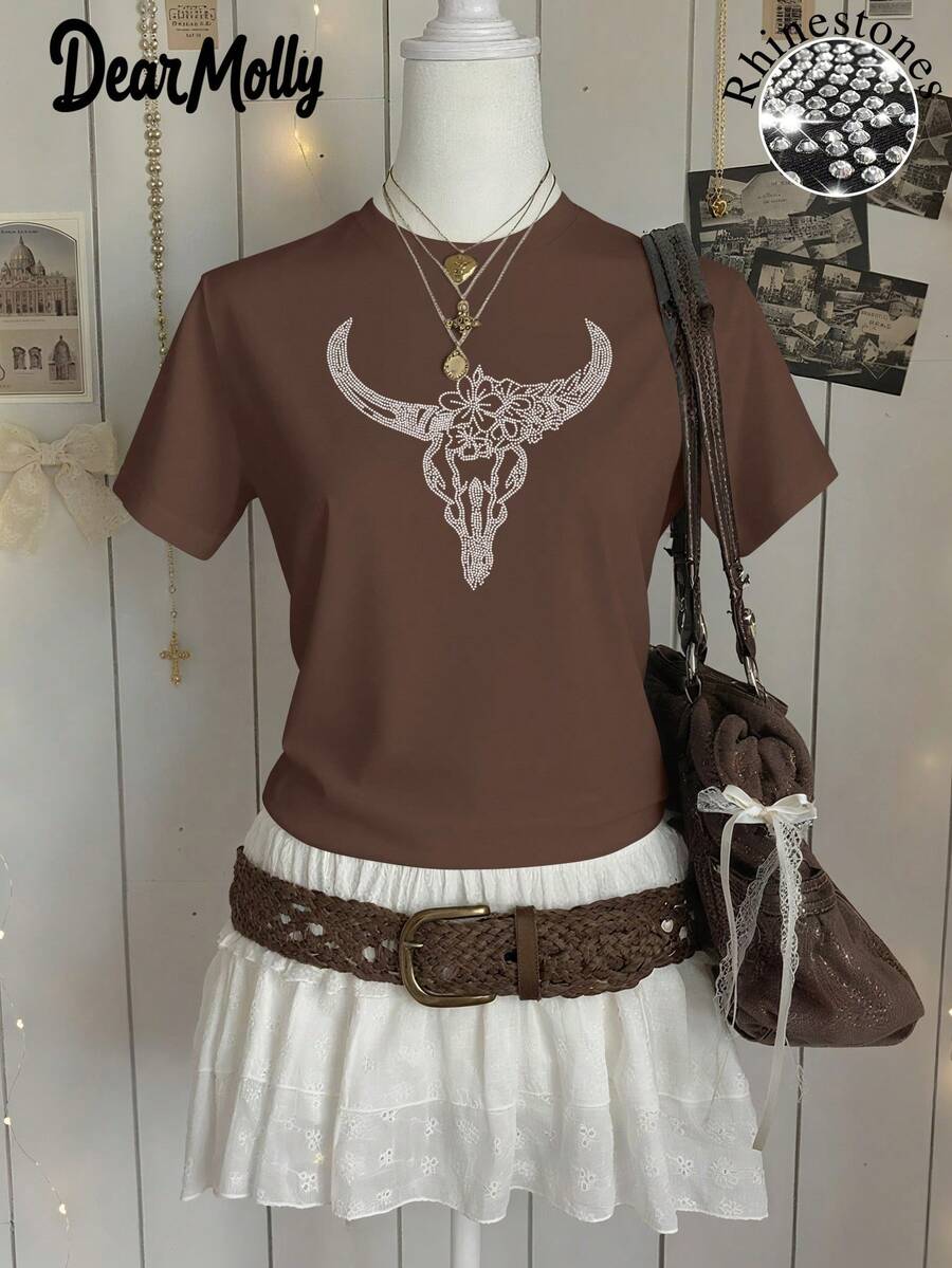 JOYY Rhinestone Shiny Long Horn Cow T-Shirt, Cow Skull Bohemian Style Unique Rhinestone Decor Women Loose Crew Neck Short Sleeve T-Shirt, Suitable For Outdoor Gatherings, Parties, All Seasons