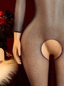 Sexy Lingerie, Fishing Net Teddy Jumpsuit With Shiny Rhinestones, Hollow Semi Transparent Sexy Crotch Pantyhose, Women's Sexy Lingerie, Suitable For Intimate Nights, Valentine's Day Gifts, Wedding Nights, Sexy Lingerie, Jumpsuit Design, Romantic Clothing, Sexy Clothing, Fishing Net Pattern, Transparent Underwear, Elastic Fabric, High-Quality Lace, Thin Jumpsuit, Women's Jumpsuit, Women's Fashion, Bride's Dress - Multicolor - View 5