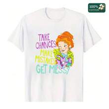 Cotton Unisex Round Neck Short-Sleeve T-Shirt With "Take Chances Make Mistakes Get Messy" Retro Cartoon Graphic - Basic Tees For Summer Women's Tops - 白色 - 查看 6