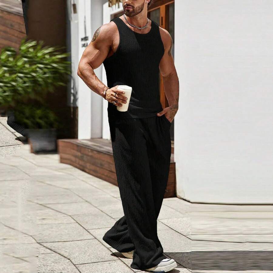 2025 Men's Sleeveless Knit Vest & Joggers 2-Piece Set - Solid Color Sporty Casual Loungewear Wholesale