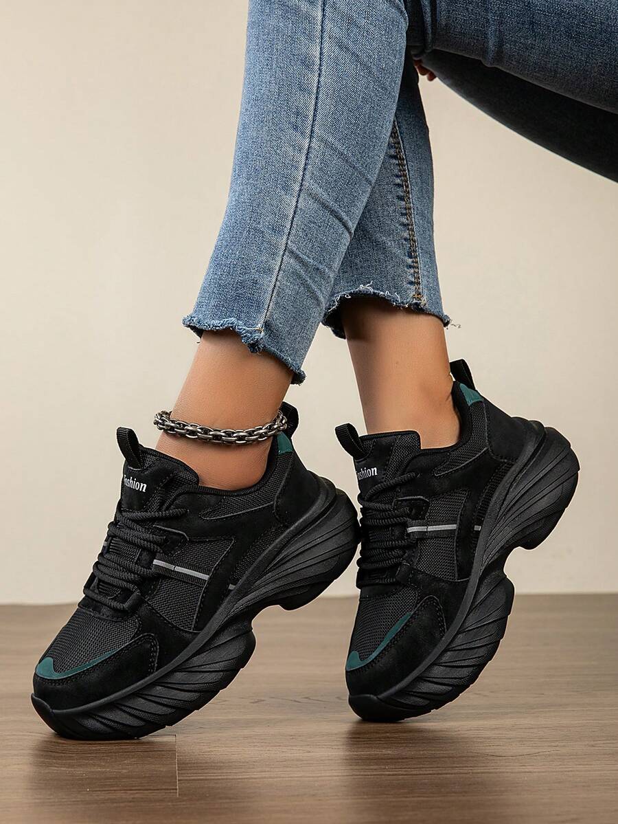 Women's Thick Sole Chunky Sneakers, Breathable Mesh Increase Height Casual Lightweight Athletic Shoes, & Versatile Platform Loafers - Black - View 1