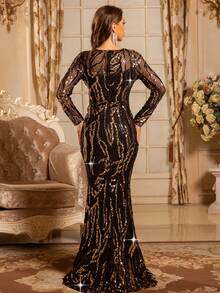 Romagic Rundhals schwarzes & goldenes Pailletten elegantes langes Abendkleid, formelles Ballkleid - Schwarz - Übersicht 7