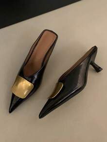 2025 Summer New Metal Buckle Pointed Toe Thin Heel Mid-Heel Mule Sandals For Women, Closed Toe Slip-On, Elegant, Women Pumps, Elegant, Kitten Heels - Black - View 5