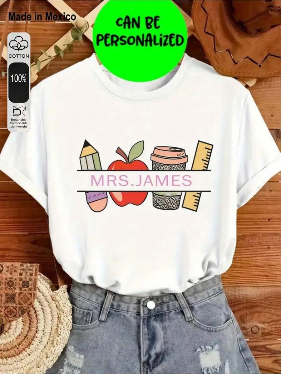 1 camiseta estampada, corte holgado Estilo de ilustración de caricatura camiseta colorida MRS.JAMES textIdeal para las vacaciones de verano, Halloween, el Día de la Independencia de México y otras ocasiones similares, este versátil modelo unisex es perfecto para llevar con ropa informal. - Blanco - Ver 1