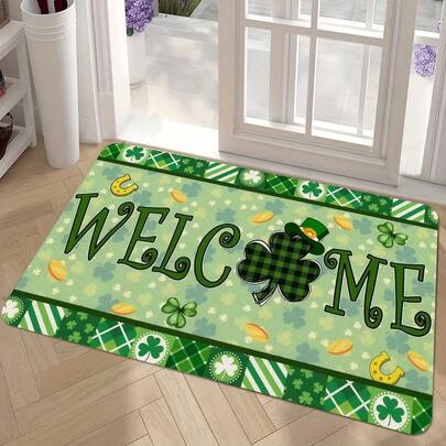1 Piece St. Patrick's Day Welcome Doormat, Clover Print, Machine Washable Polyester Mat With PVC Backing, Rectangular Flannel Textile Mat, Suitable For Home, Kitchen, Yard Decoration, Front Door Welcome Mat