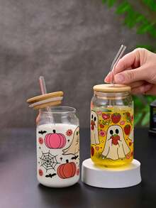 1pc Halloween Soda Cup High Borosilicate Glass Straw Cup Bamboo Lid Water Cup Heat Resistant Ins Style Glass Cup