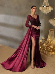 Faeriesty Floral Applique & Sequin Patchwork Ruffle Mermaid Hem Formal Dress - Burgundy - View 5