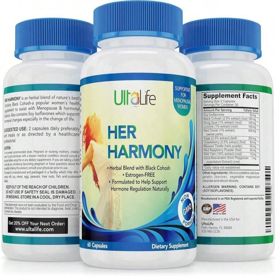 UltaLife Her Harmony Menopause Supplements For Women - Hot Flashes Menopause Relief &Amp; Hormone Balance For Women - Contains Black Cohosh, Dong Quai, Red Clover &Amp; More - Estrogen Free - 120 Capsules - Flavor NameA - 查看 1