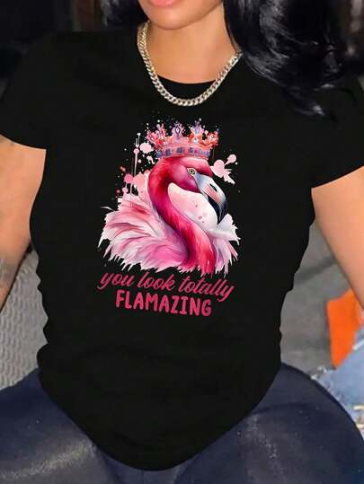 Women's Fashionable Pink Flamingo Graphic T-Shirt - Casual Round Neck Short Sleeve, Comfortable Summer Top With "You Look Totally Flamazing" Print, Comfortable Clothing|Fun Summer Vibe|Glossy Finish, Flamingo Clothing