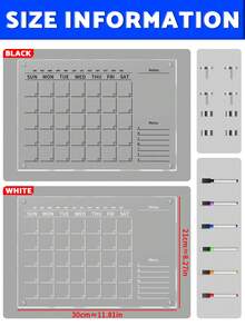 1 Month Planner Magnetic Board (Black/White), Includes 6 Magnetic Dry Erase Markers, Transparent Double-Layer Fridge Board, Display & Writing Board, Magnetic Refrigerator Memo Pad