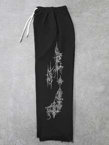 Gothic Pattern Print, Frayed Hem Street Style, Suitable For All Seasons, Loose Sweatpants, Street Casual, Comfortable, Sports, Men Pants - Black - View 3