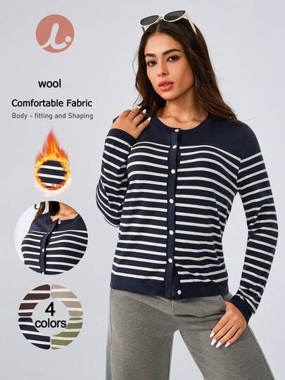 Leorrey 1pc Women's Seamless Casual Soft Comfortable Fashion Round Neck Striped Single-Breasted Fitted Knitted Wool Fleece Cycling Fitness Yoga Long Sleeve Sports Cardigan