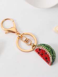 1pc Creative Cartoon Cute Fruit Watermelon & Strawberry Rhinestone Decor Personalized Car Key Chain, Backpack Metal Pendant Charm - Gold - View 5